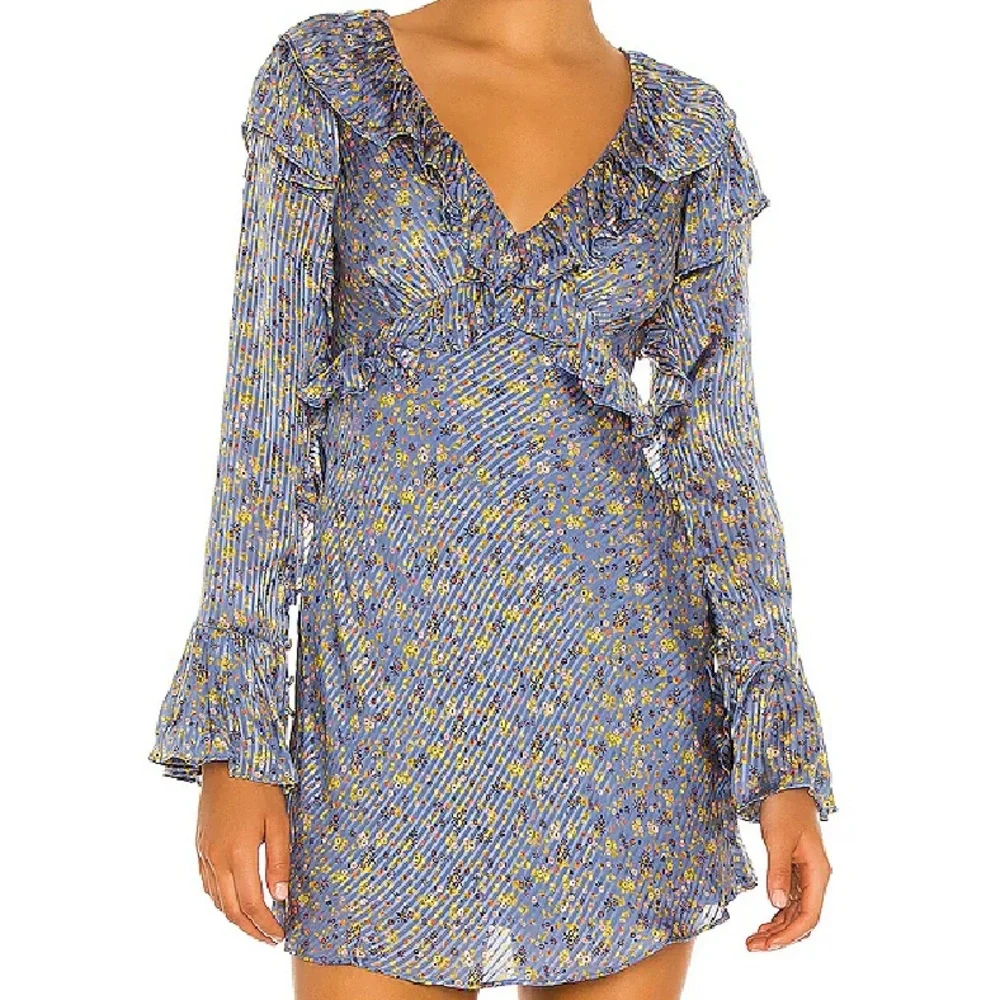 NWT Free People 4 Sweetest Thing Mini Dress Ruffles Plunge Midnight Cowboy